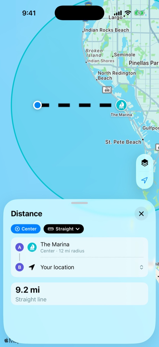Distance tool measuring 9.2 miles from the dock, straight line over water