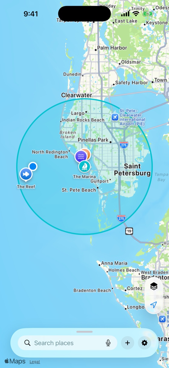 Tom's 12-mile safe range over the Gulf