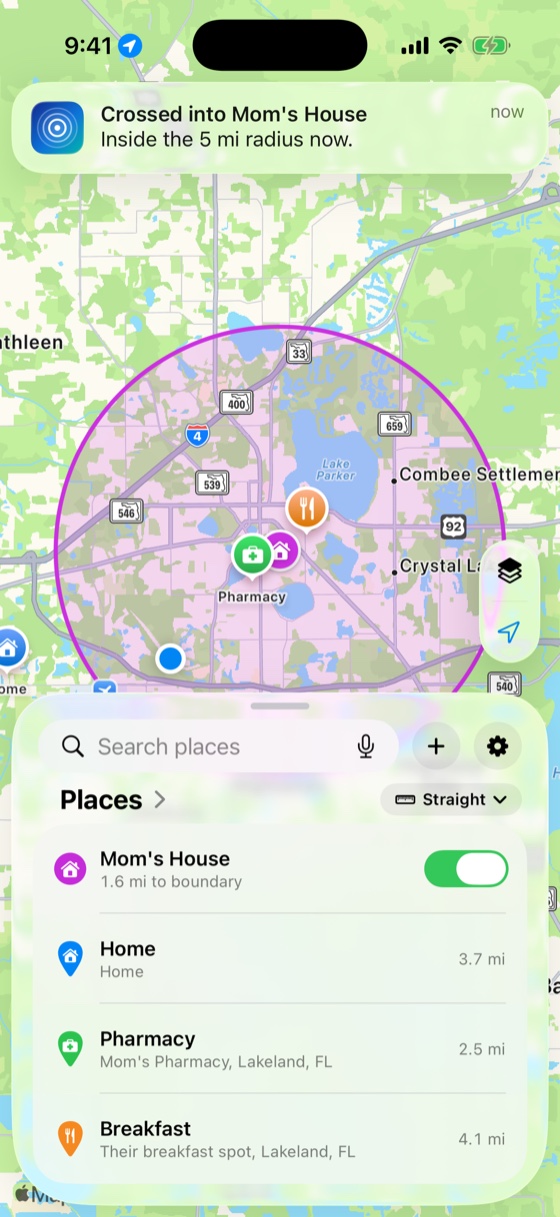 A crossing alert: Crossed into Mom's House