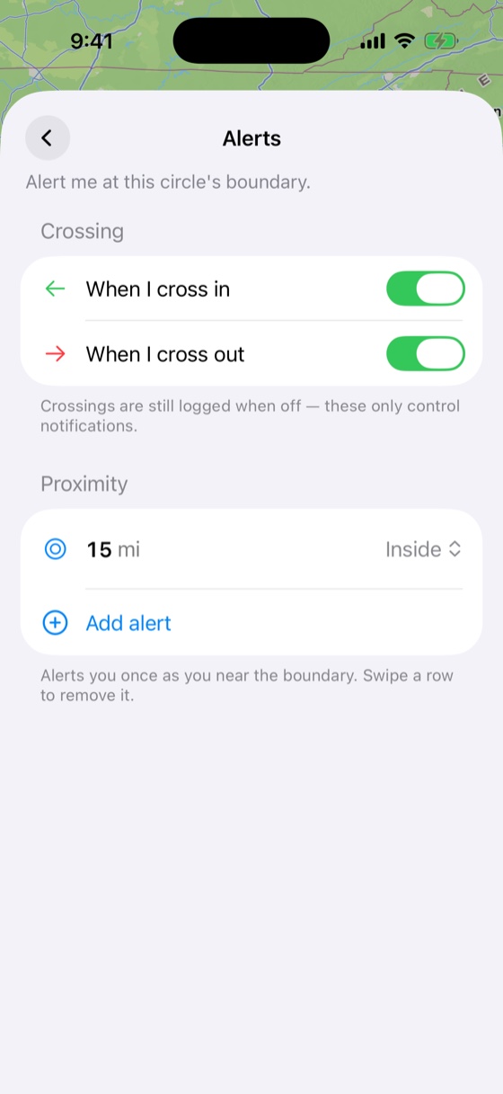 Alerts screen: crossing toggles and a 15-mile proximity alert