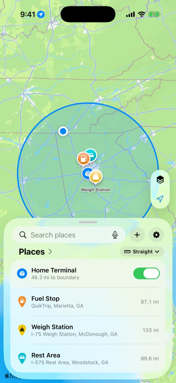 Milebound home screen with the terminal circle and saved places