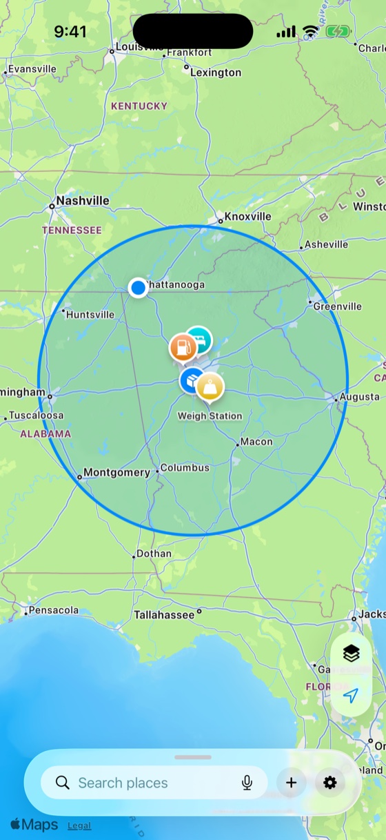 Milebound map showing a 150-mile circle over four states