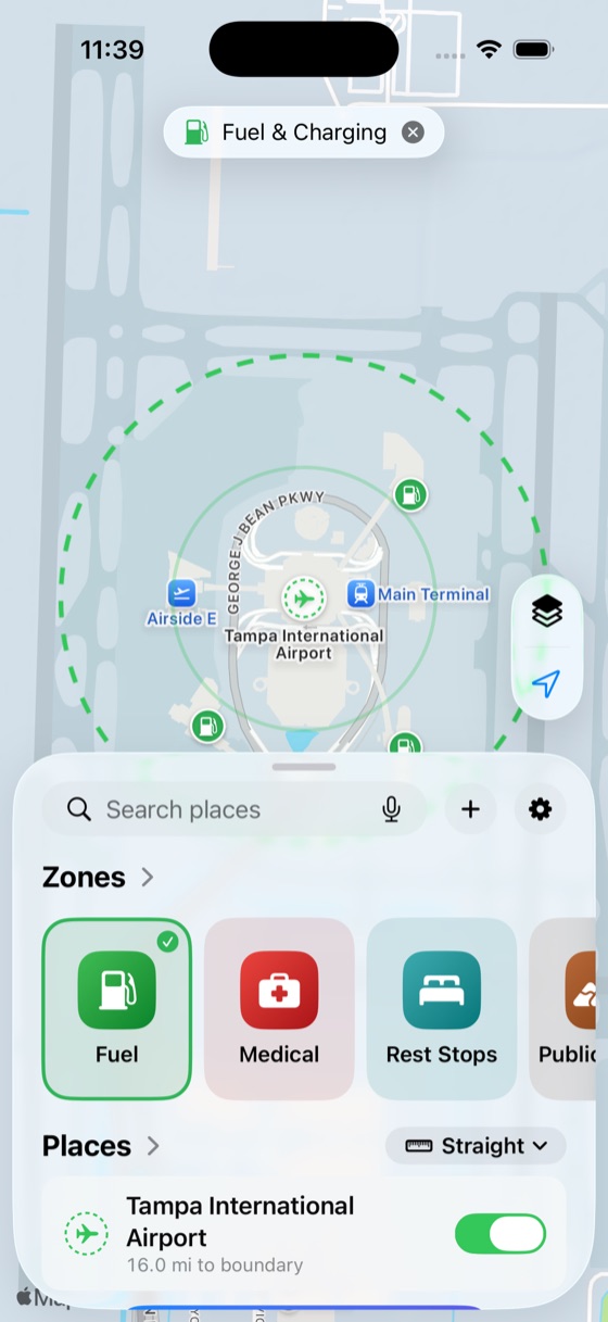 Zones: fuel stations shown as pins on the map, with the category picker